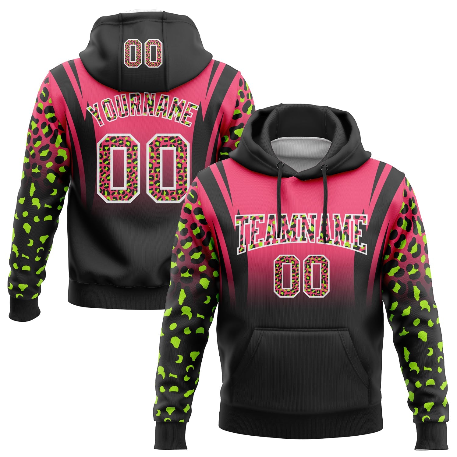 Custom Stitched Neon Pink Black-White Fade Fashion Leopard Print Sports Pullover Sweatshirt Hoodie - Main View