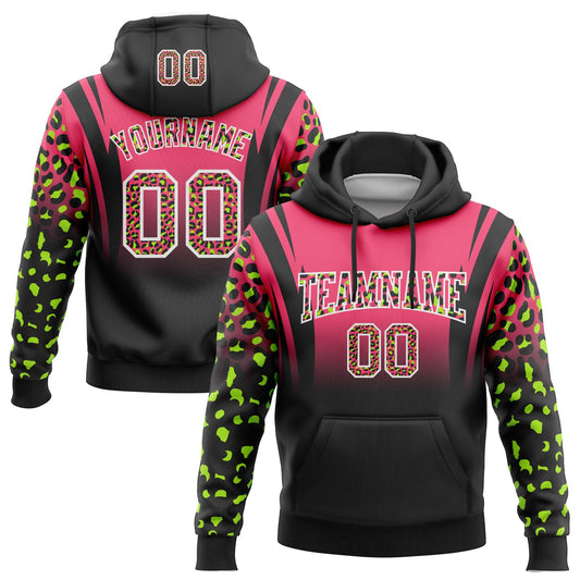 Custom Stitched Neon Pink Black-White Fade Fashion Leopard Print Sports Pullover Sweatshirt Hoodie - Main View