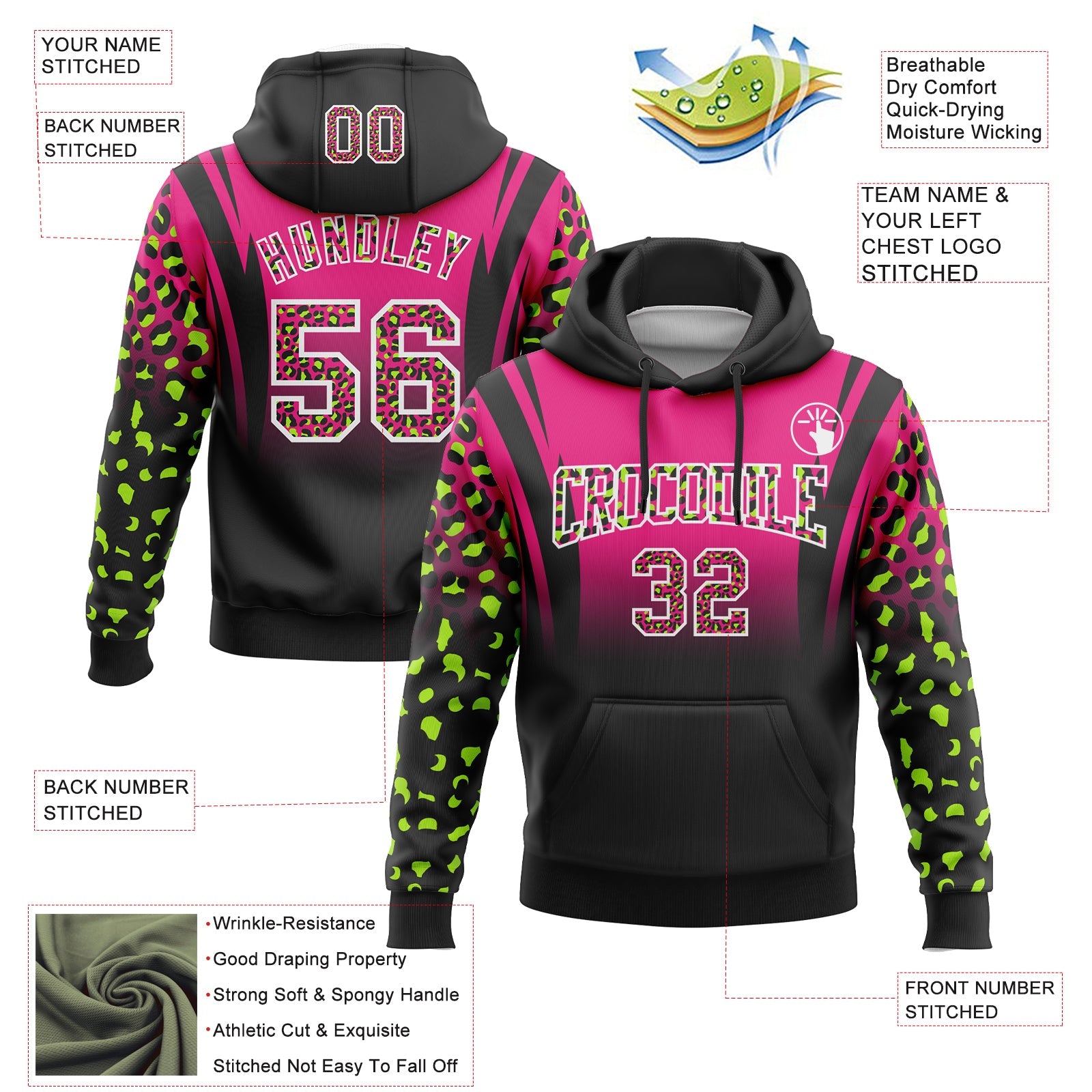 Custom Stitched Hot Pink Black-White Fade Fashion Leopard Print Sports Pullover Sweatshirt Hoodie view 2