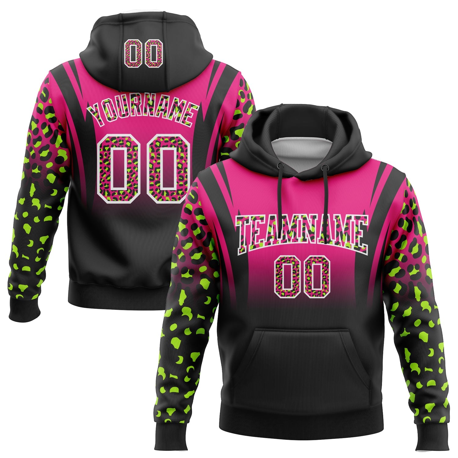 Custom Stitched Hot Pink Black-White Fade Fashion Leopard Print Sports Pullover Sweatshirt Hoodie - Main View