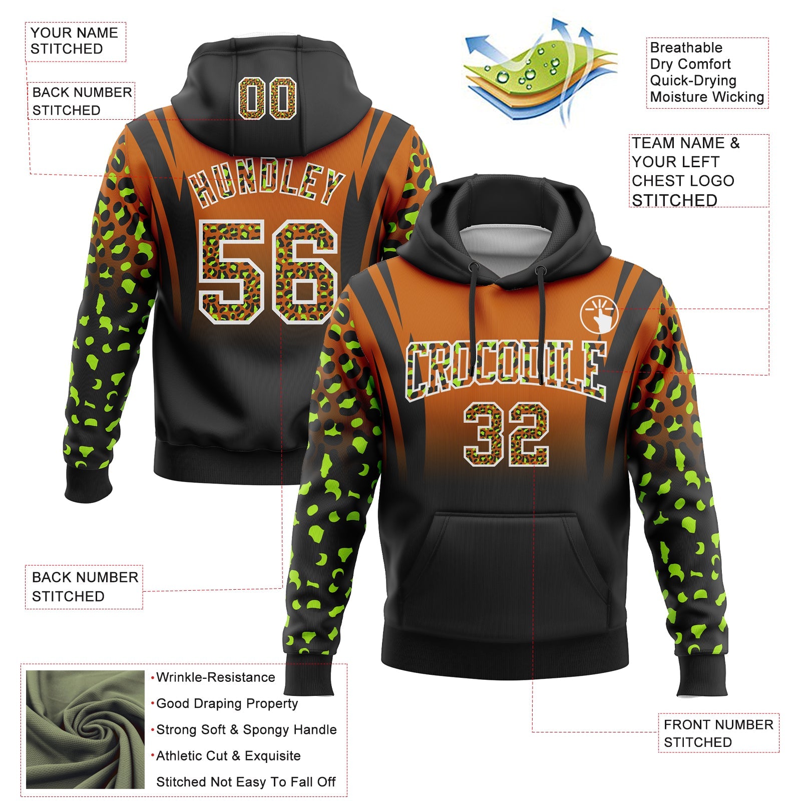 Custom Stitched Texas Orange Black-White Fade Fashion Leopard Print Sports Pullover Sweatshirt Hoodie view 2