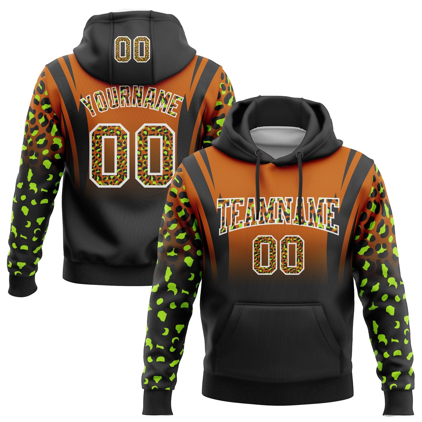 Custom Stitched Texas Orange Black-White Fade Fashion Leopard Print Sports Pullover Sweatshirt Hoodie - Main View