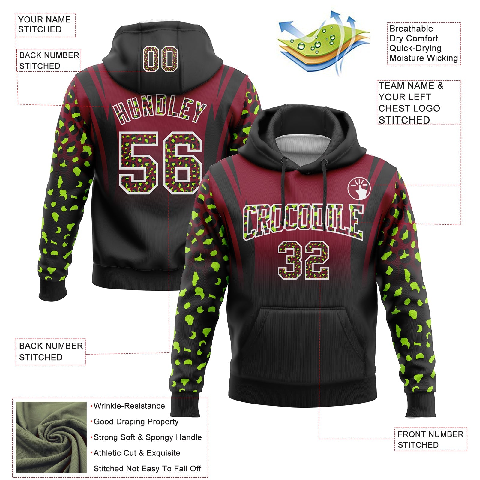 Custom Stitched Crimson Black-White Fade Fashion Leopard Print Sports Pullover Sweatshirt Hoodie view 2