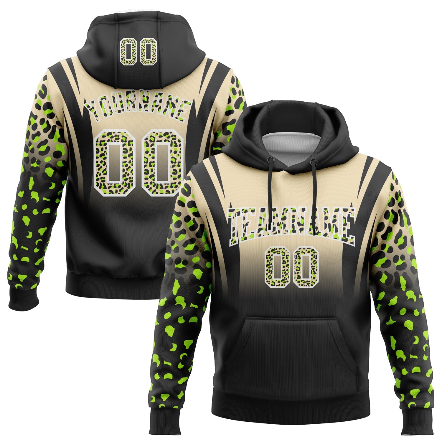 Custom Stitched Cream Black-White Fade Fashion Leopard Print Sports Pullover Sweatshirt Hoodie - Main View