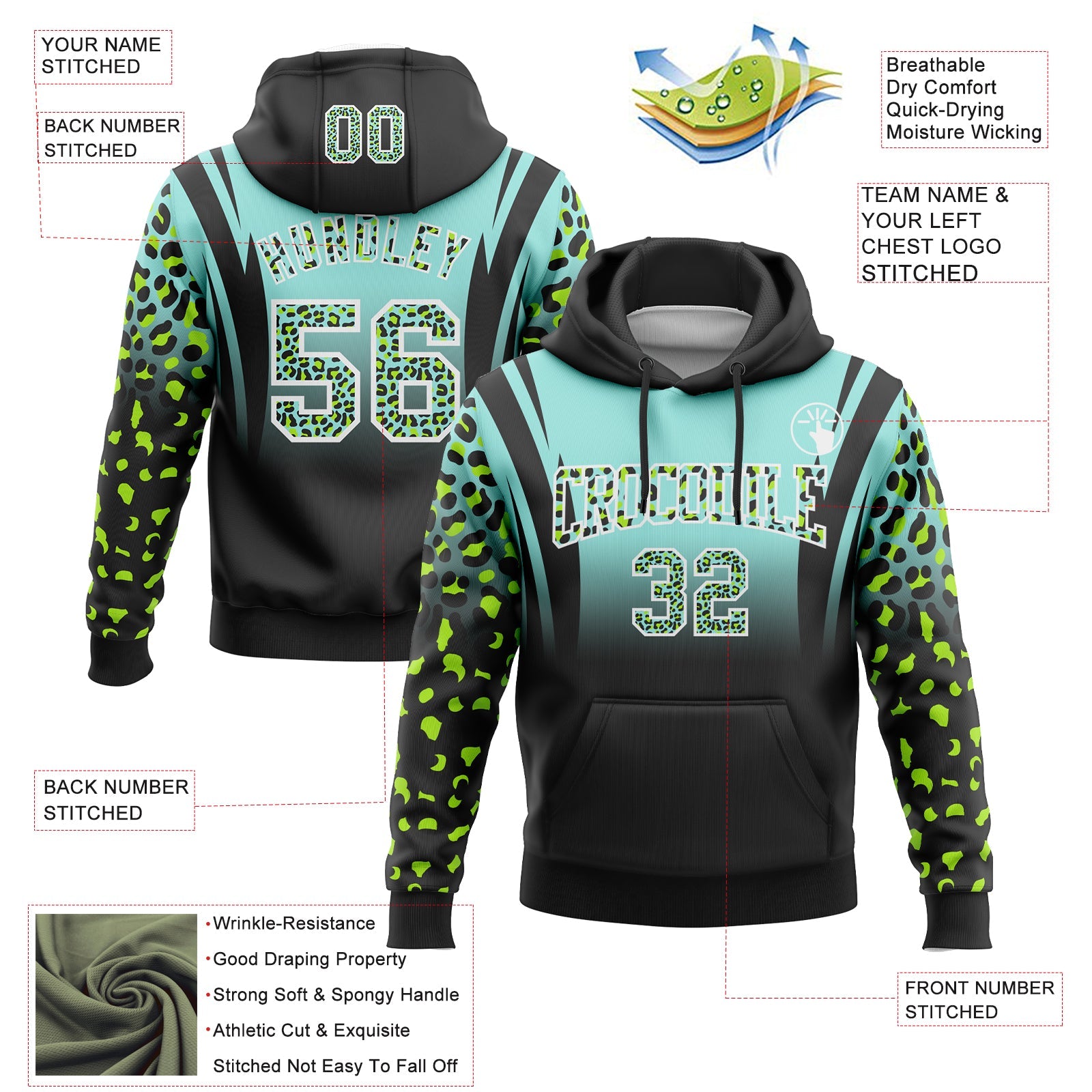 Custom Stitched Ice Blue Black-White Fade Fashion Leopard Print Sports Pullover Sweatshirt Hoodie view 2