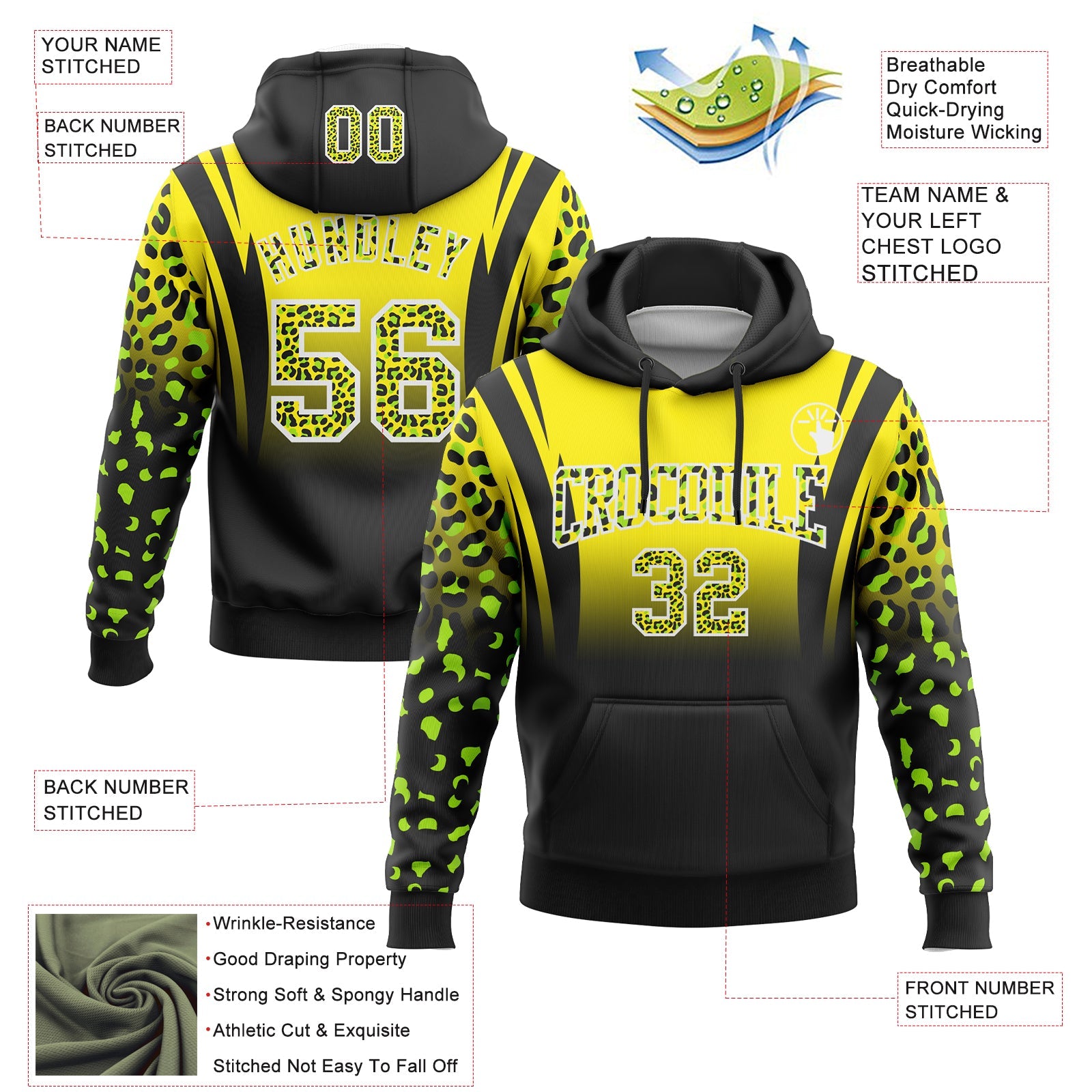 Custom Stitched Light Yellow Black-White Fade Fashion Leopard Print Sports Pullover Sweatshirt Hoodie view 2