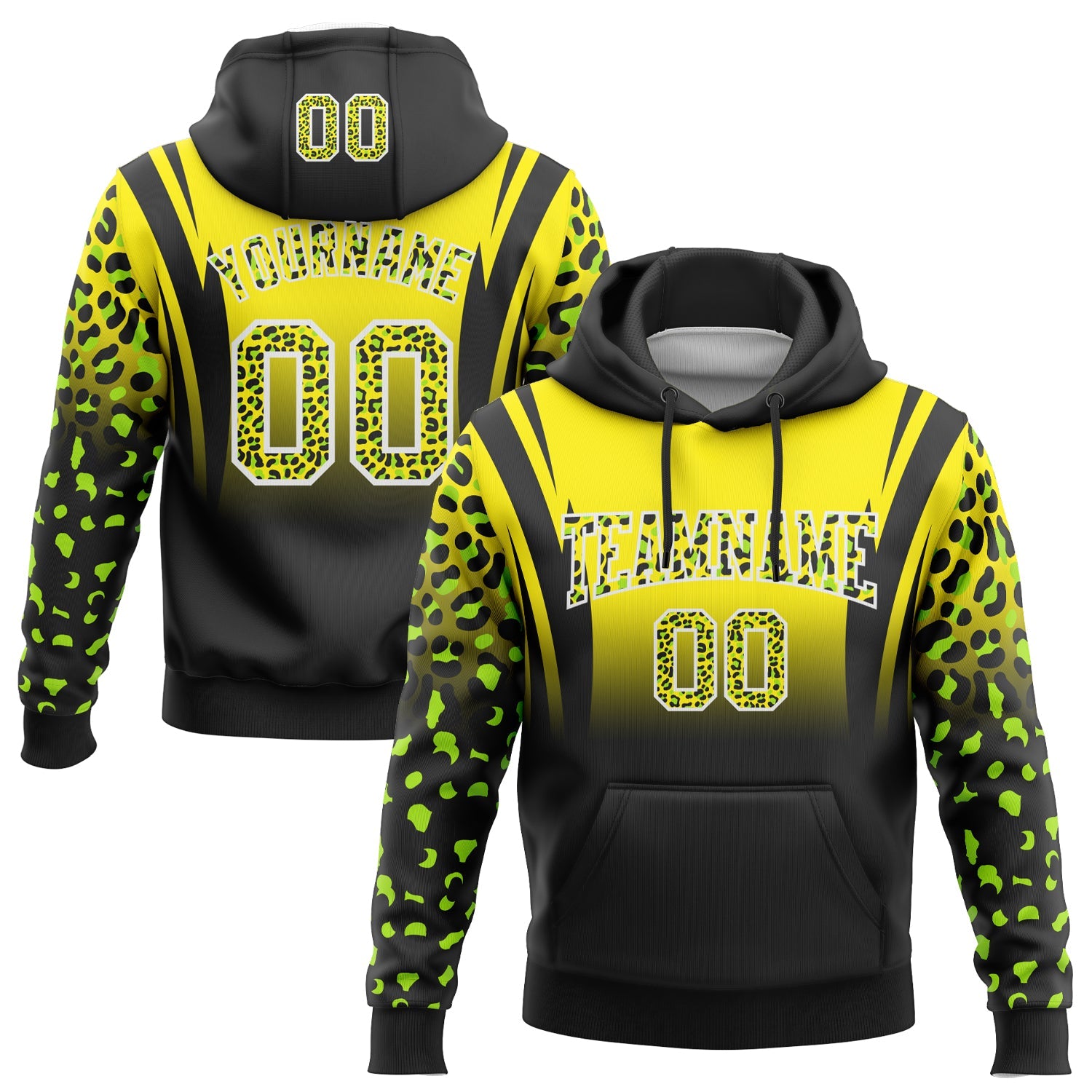 Custom Stitched Light Yellow Black-White Fade Fashion Leopard Print Sports Pullover Sweatshirt Hoodie - Main View