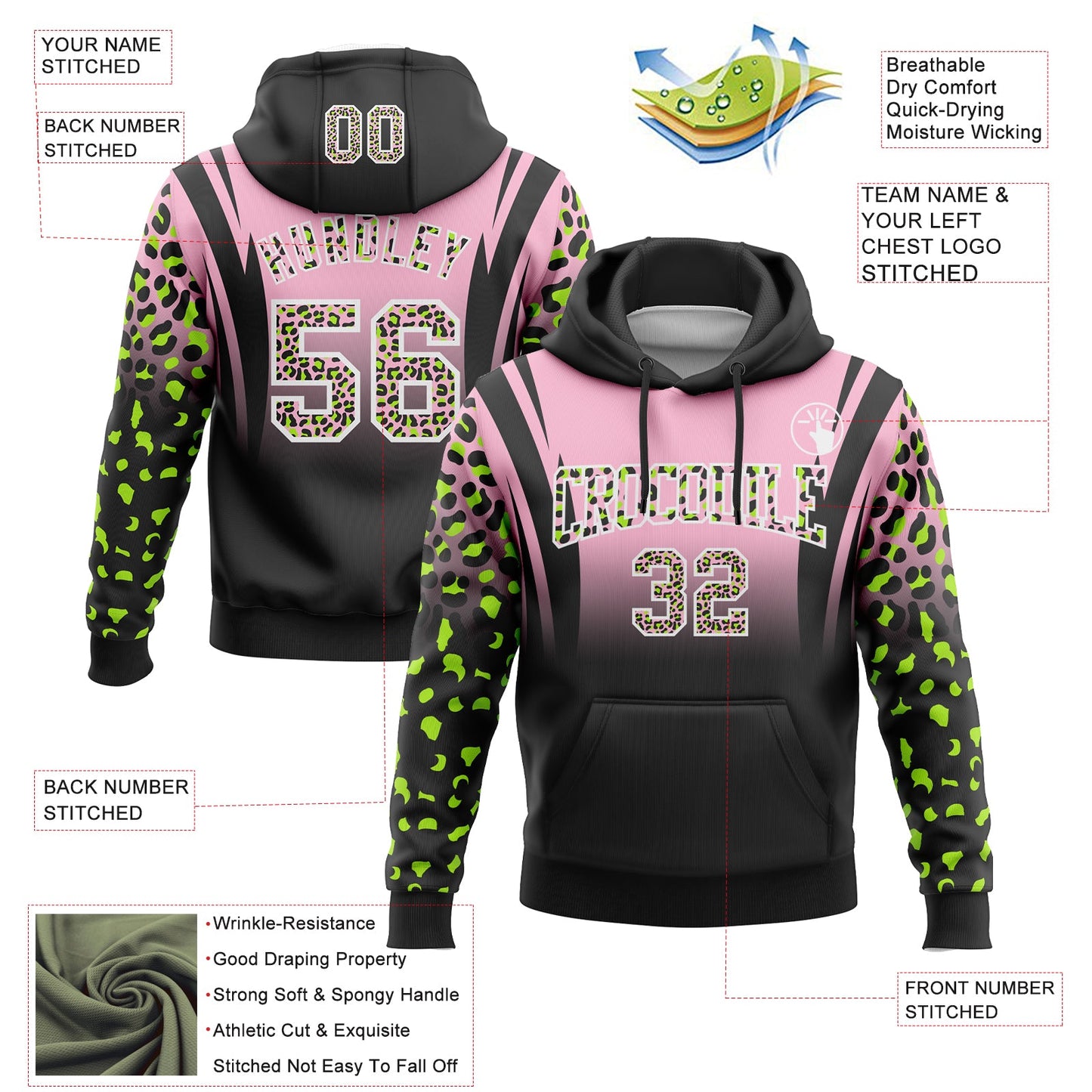Custom Stitched Light Pink Black-White Fade Fashion Leopard Print Sports Pullover Sweatshirt Hoodie view 2
