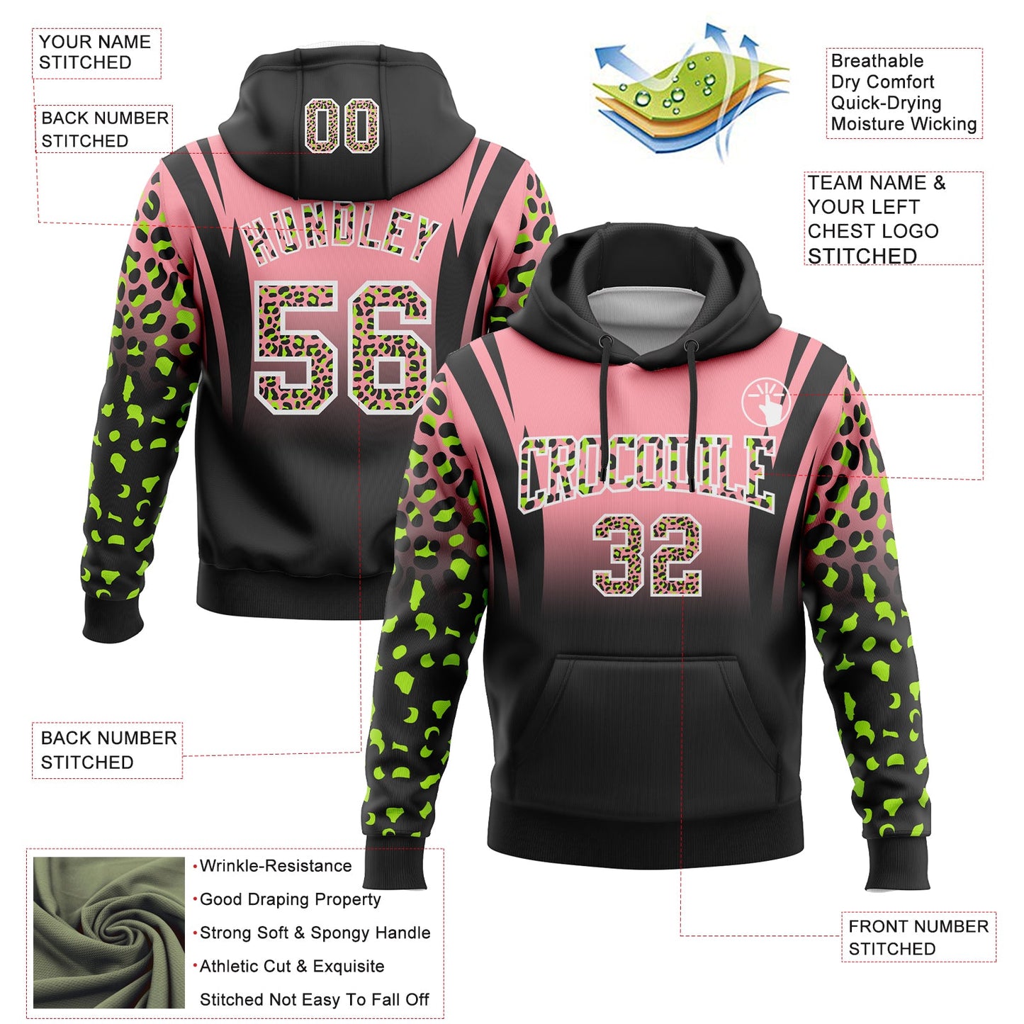Custom Stitched Medium Pink Black-White Fade Fashion Leopard Print Sports Pullover Sweatshirt Hoodie view 2