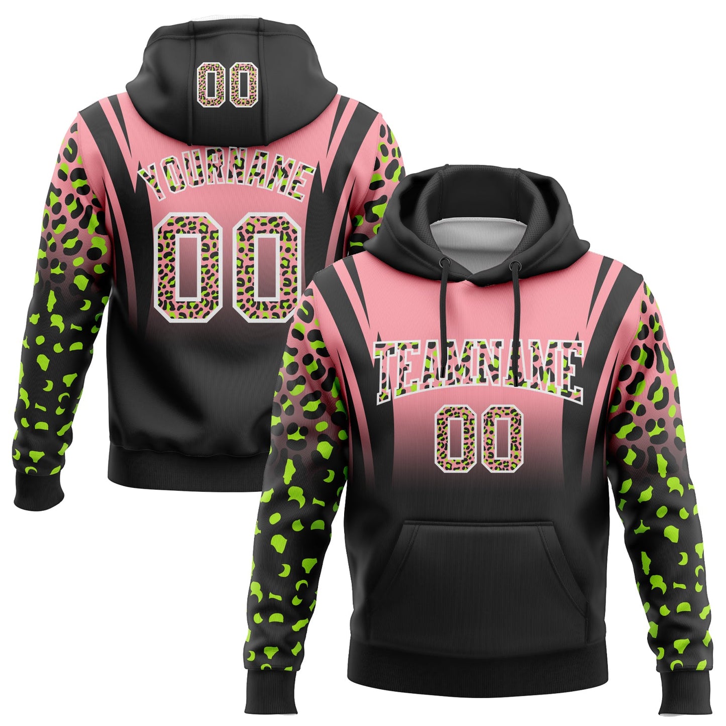 Custom Stitched Medium Pink Black-White Fade Fashion Leopard Print Sports Pullover Sweatshirt Hoodie - Main View