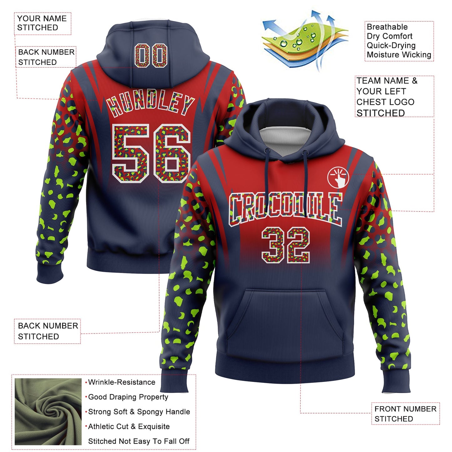 Custom Stitched Red Navy-White Fade Fashion Leopard Print Sports Pullover Sweatshirt Hoodie view 2