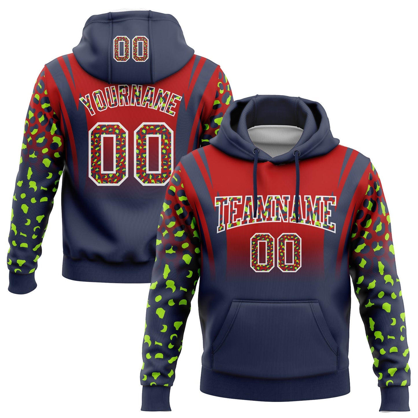 Custom Stitched Red Navy-White Fade Fashion Leopard Print Sports Pullover Sweatshirt Hoodie - Main View