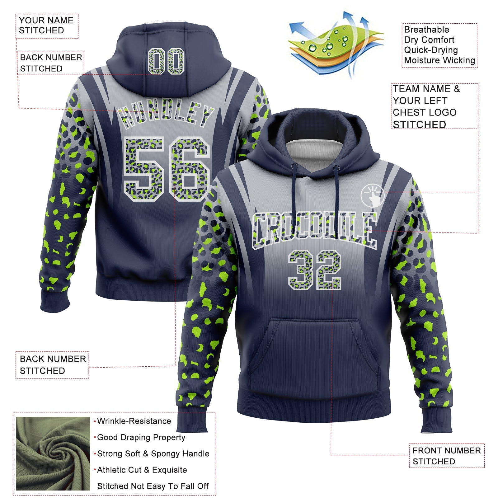 Custom Stitched Gray Navy-White Fade Fashion Leopard Print Sports Pullover Sweatshirt Hoodie view 2
