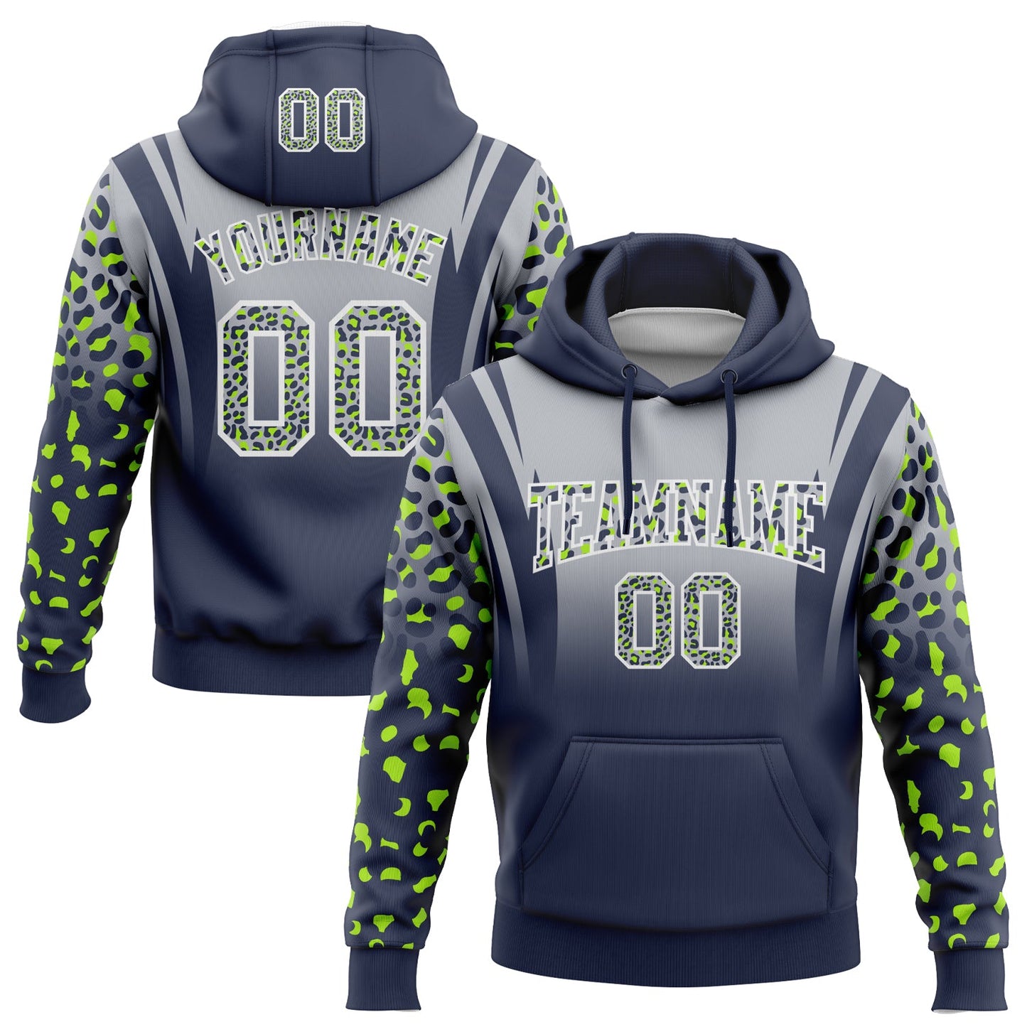 Custom Stitched Gray Navy-White Fade Fashion Leopard Print Sports Pullover Sweatshirt Hoodie - Main View