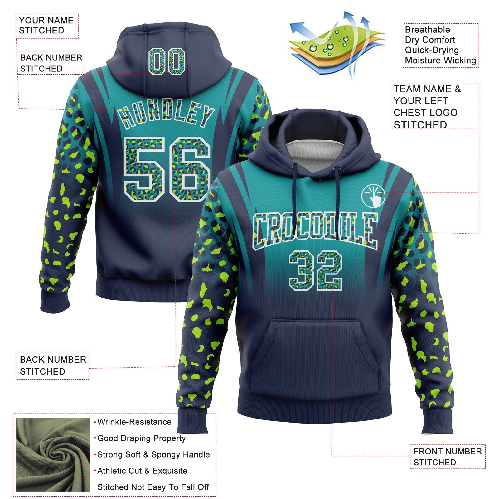 Custom Stitched Teal Navy-White Fade Fashion Leopard Print Sports Pullover Sweatshirt Hoodie view 2