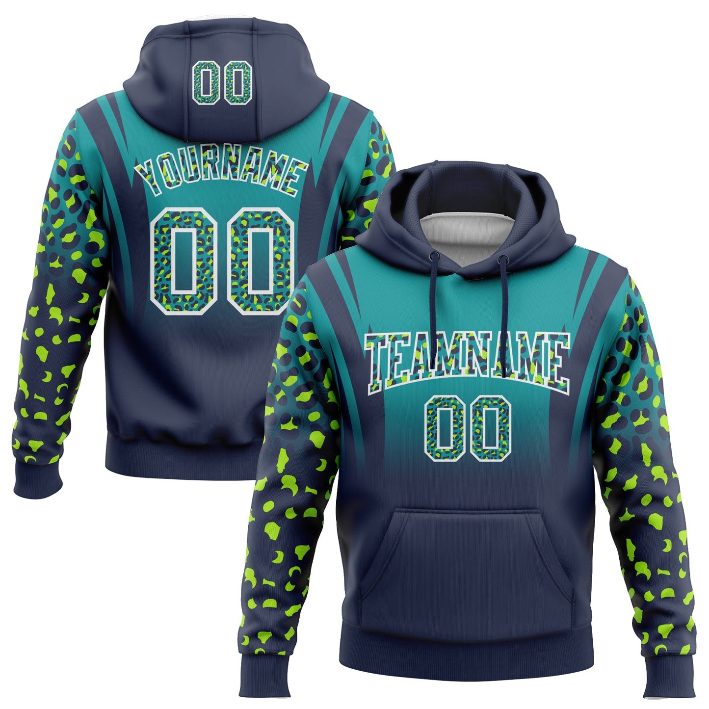 Custom Stitched Teal Navy-White Fade Fashion Leopard Print Sports Pullover Sweatshirt Hoodie - Main View