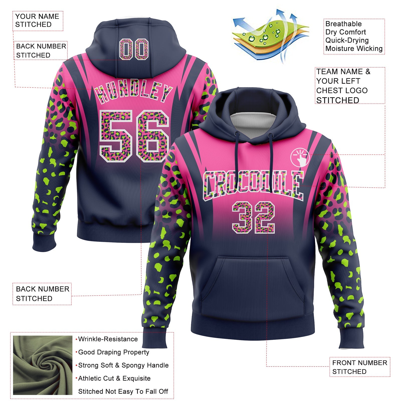 Custom Stitched Pink Navy-White Fade Fashion Leopard Print Sports Pullover Sweatshirt Hoodie view 2