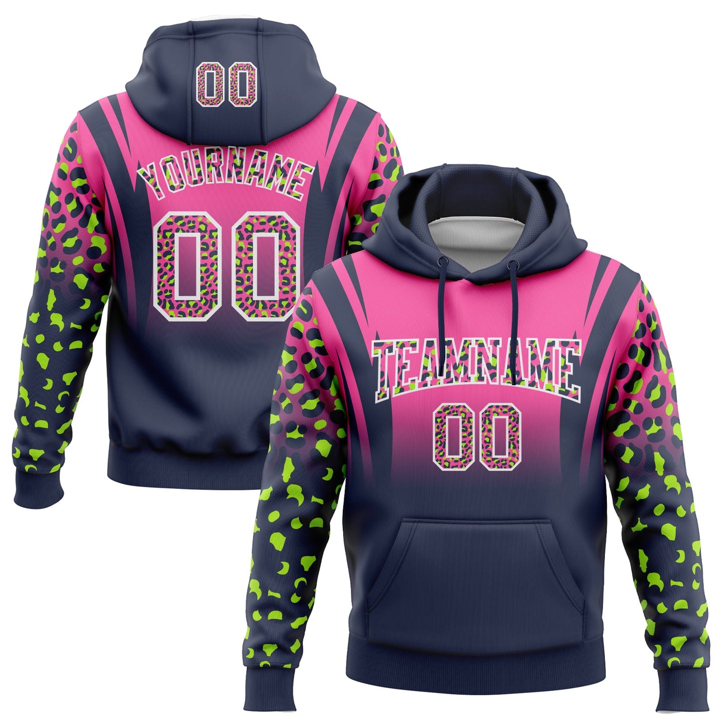 Custom Stitched Pink Navy-White Fade Fashion Leopard Print Sports Pullover Sweatshirt Hoodie - Main View