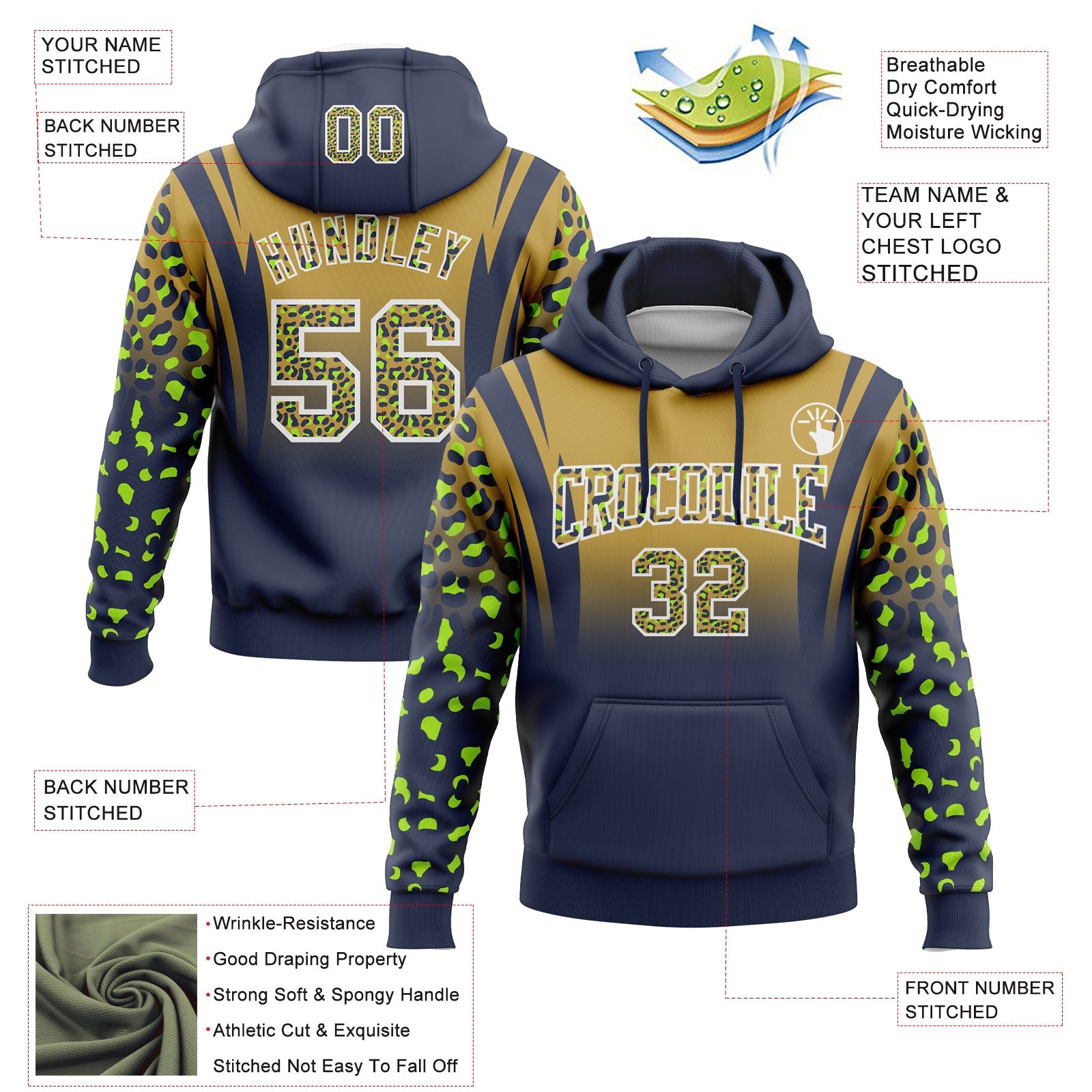 Custom Stitched Old Gold Navy-White Fade Fashion Leopard Print Sports Pullover Sweatshirt Hoodie view 2