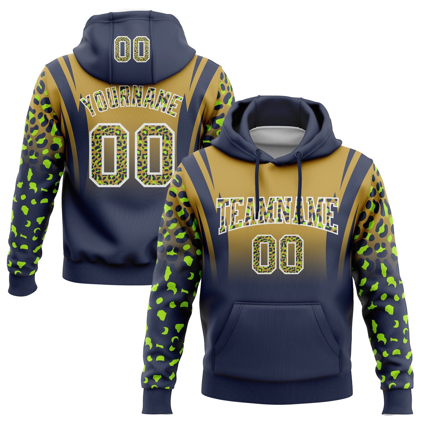 Custom Stitched Old Gold Navy-White Fade Fashion Leopard Print Sports Pullover Sweatshirt Hoodie - Main View