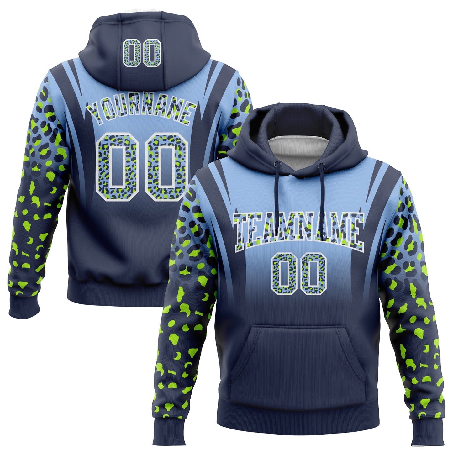 Custom Stitched Light Blue Navy-White Fade Fashion Leopard Print Sports Pullover Sweatshirt Hoodie - Main View