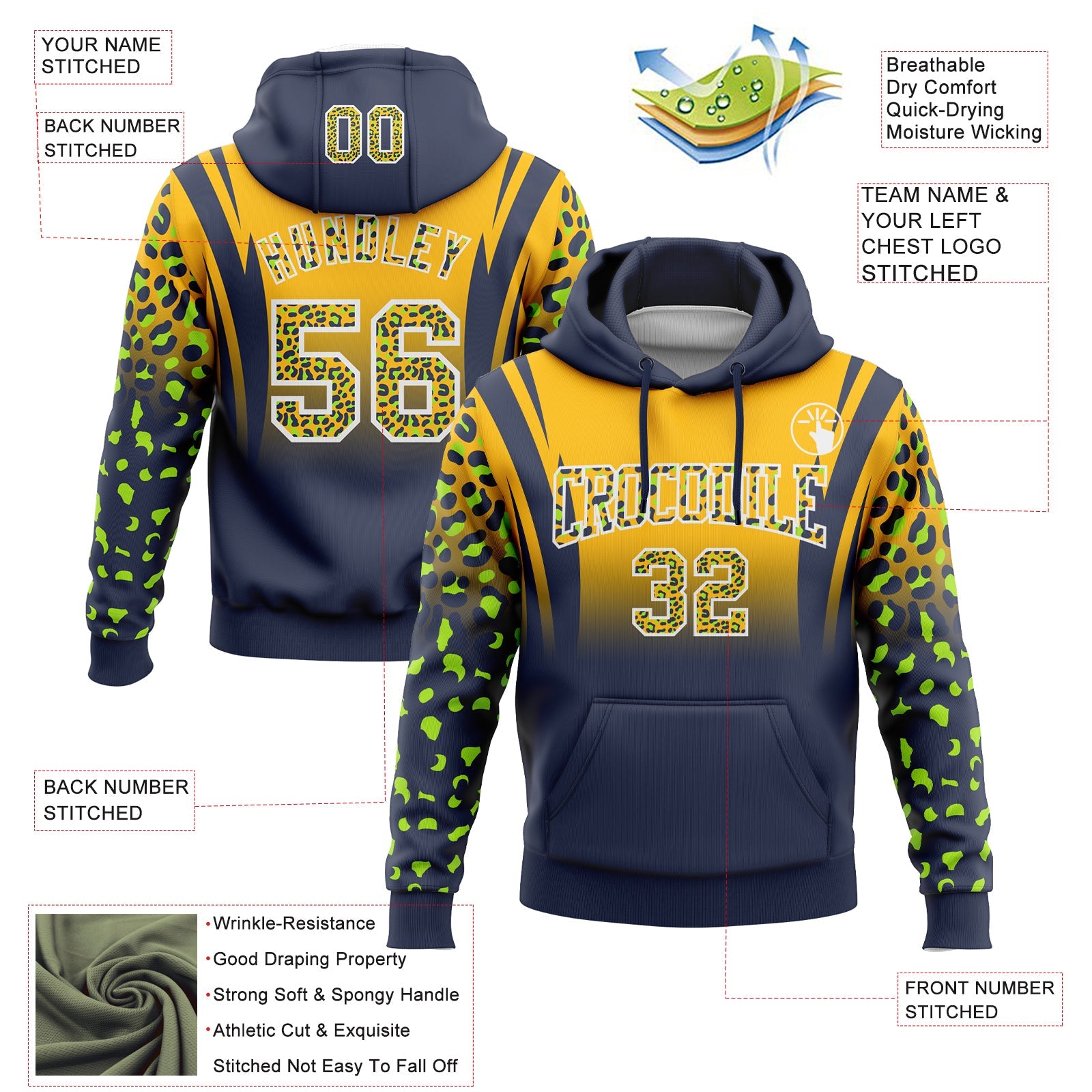 Custom Stitched Gold Navy-White Fade Fashion Leopard Print Sports Pullover Sweatshirt Hoodie view 2