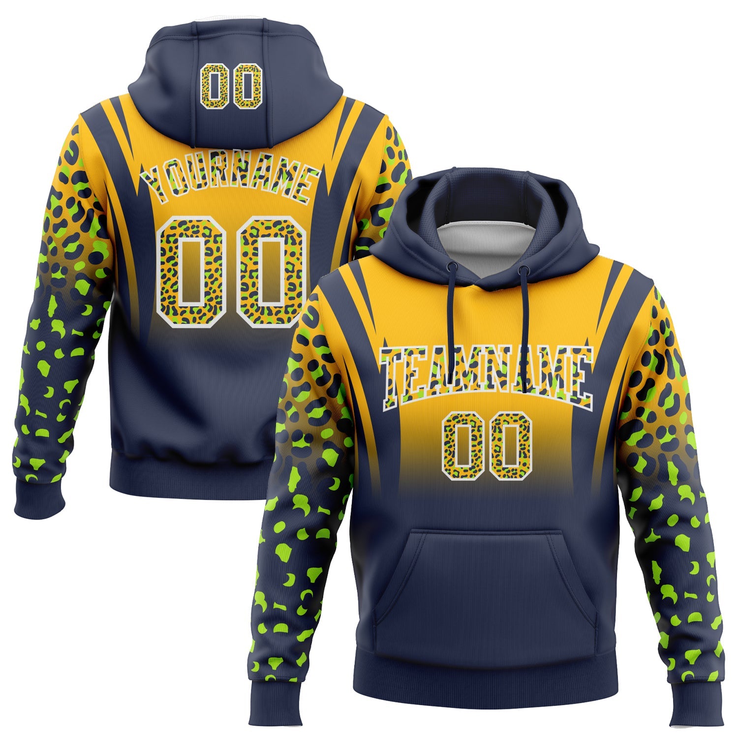 Custom Stitched Gold Navy-White Fade Fashion Leopard Print Sports Pullover Sweatshirt Hoodie - Main View