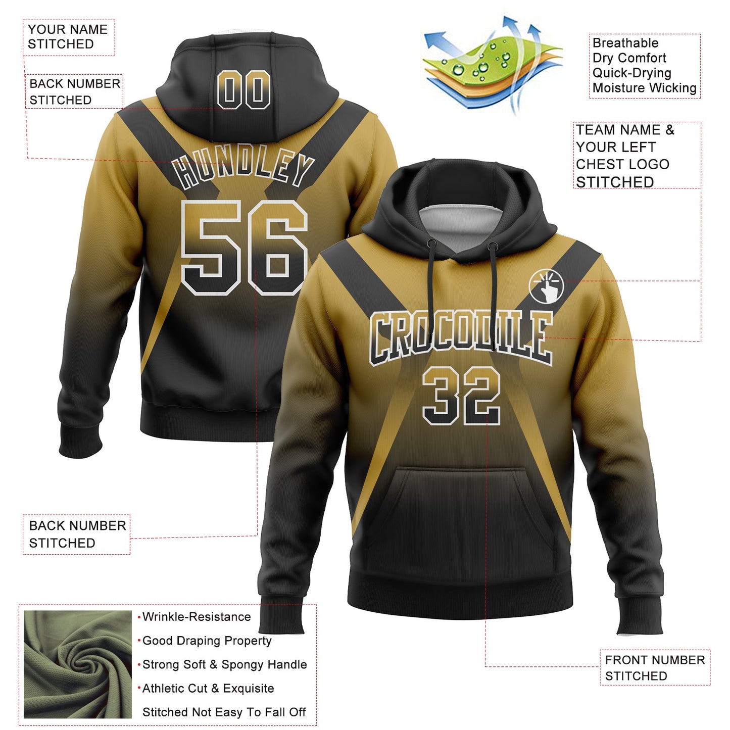 Custom Stitched Old Gold Black-White Fade Fashion Arrow Sports Pullover Sweatshirt Hoodie view 2