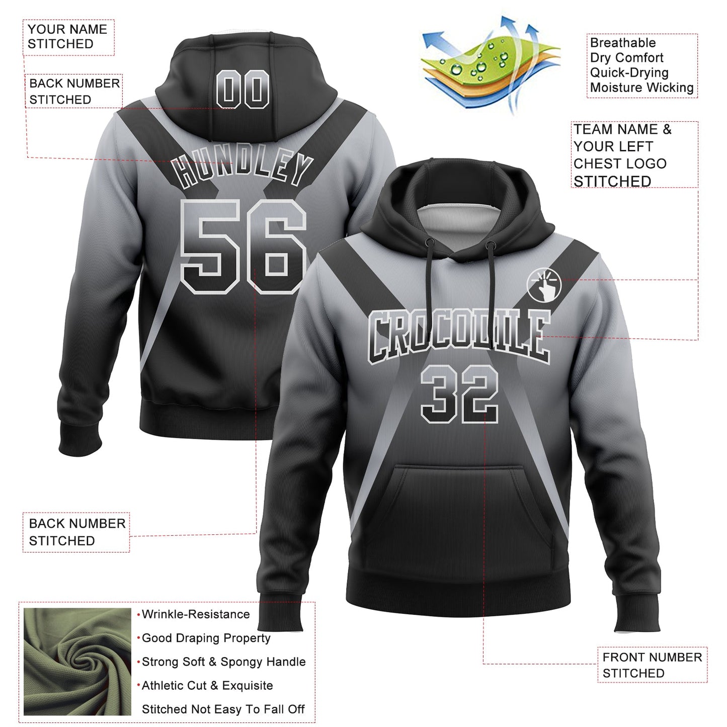 Custom Stitched Gray Black-White Fade Fashion Arrow Sports Pullover Sweatshirt Hoodie view 2