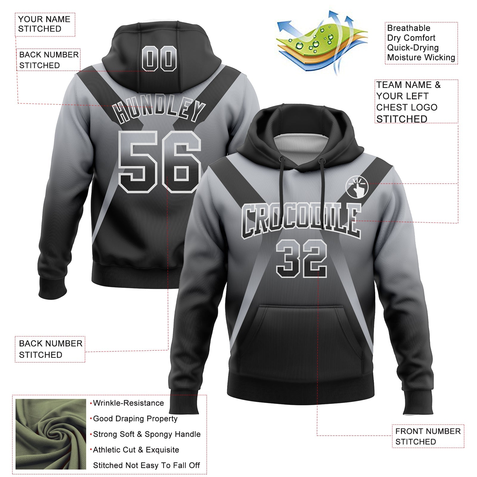 Custom Stitched Gray Black-White Fade Fashion Arrow Sports Pullover Sweatshirt Hoodie view 2