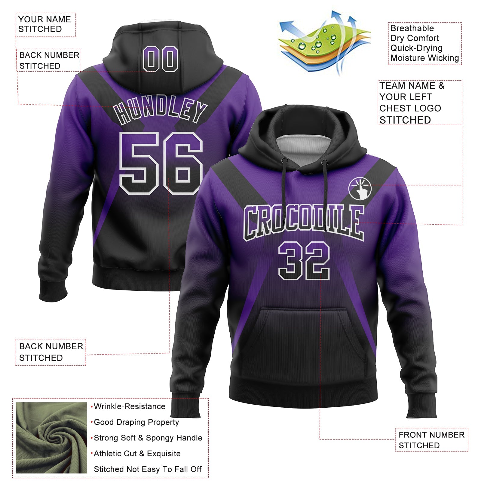 Custom Stitched Purple Black-White Fade Fashion Arrow Sports Pullover Sweatshirt Hoodie view 2