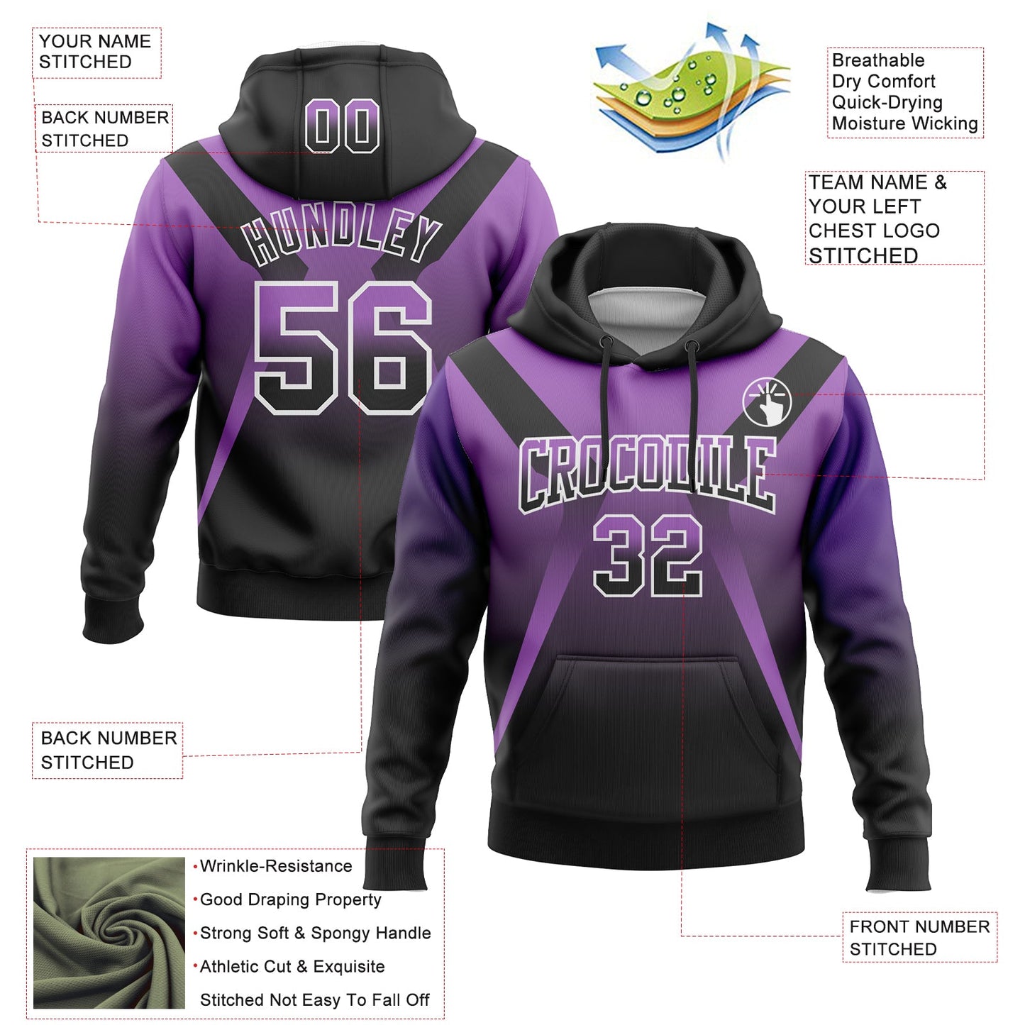 Custom Stitched Medium Purple Black-White Fade Fashion Arrow Sports Pullover Sweatshirt Hoodie view 2