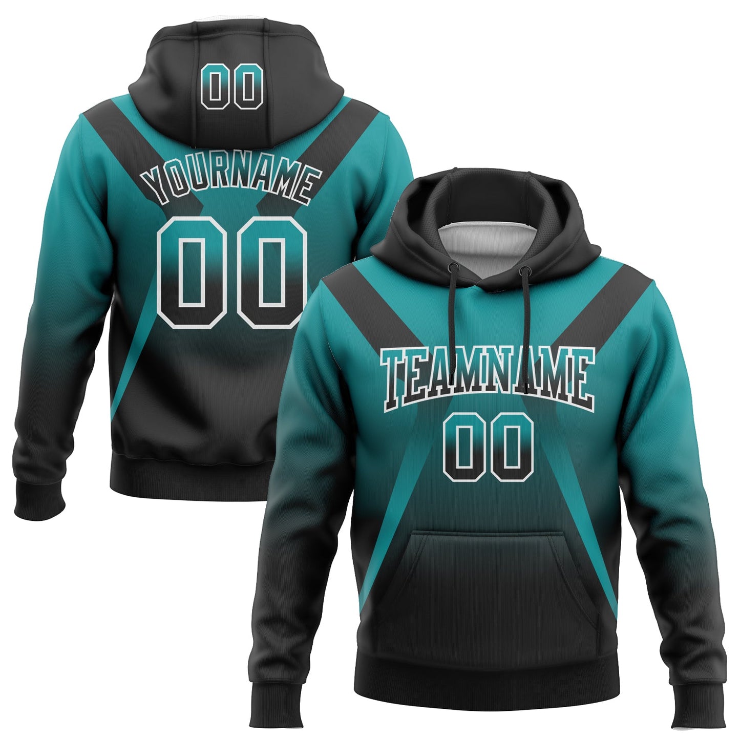 Custom Stitched Teal Black-White Fade Fashion Arrow Sports Pullover Sweatshirt Hoodie - Main View