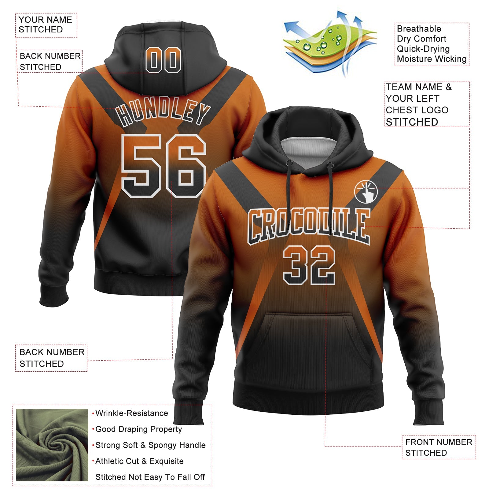 Custom Stitched Texas Orange Black-White Fade Fashion Arrow Sports Pullover Sweatshirt Hoodie view 2