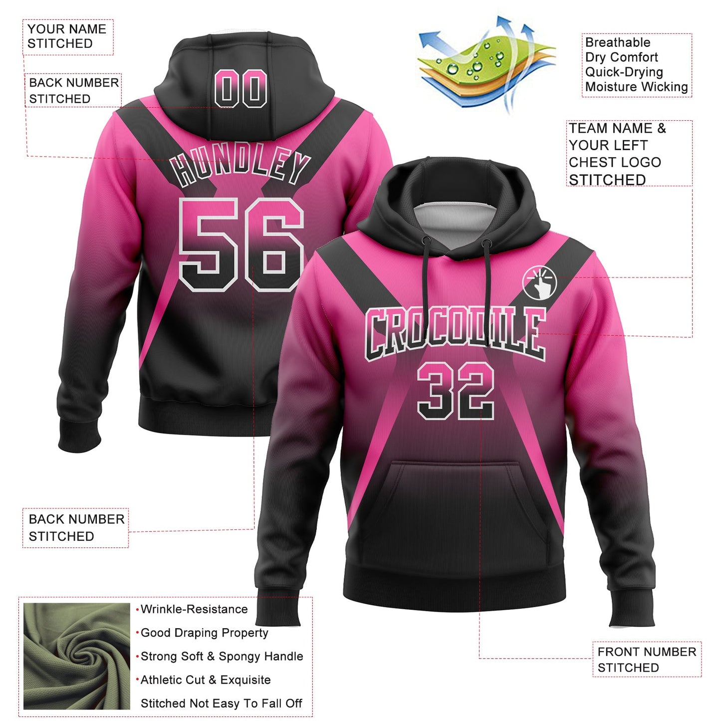 Custom Stitched Pink Black-White Fade Fashion Arrow Sports Pullover Sweatshirt Hoodie view 2