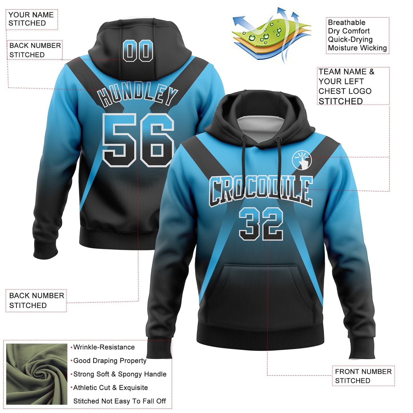 Custom Stitched Sky Blue Black-White Fade Fashion Arrow Sports Pullover Sweatshirt Hoodie view 2