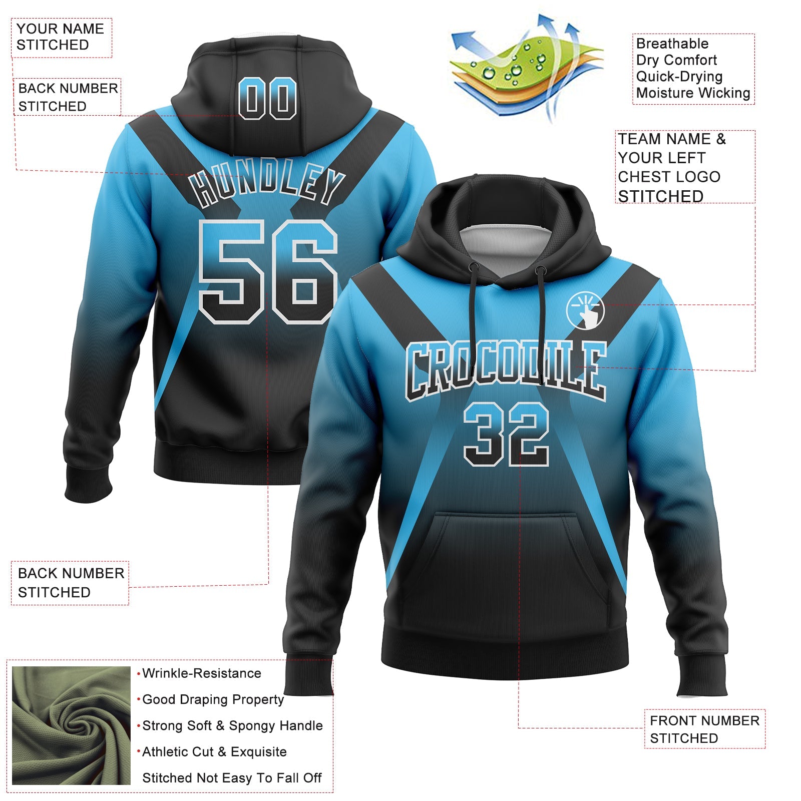 Custom Stitched Sky Blue Black-White Fade Fashion Arrow Sports Pullover Sweatshirt Hoodie view 2