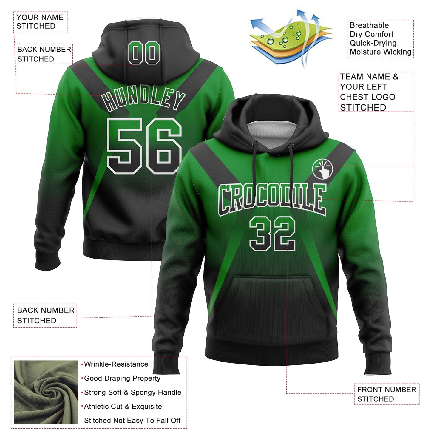 Custom Stitched Grass Green Black-White Fade Fashion Arrow Sports Pullover Sweatshirt Hoodie view 2