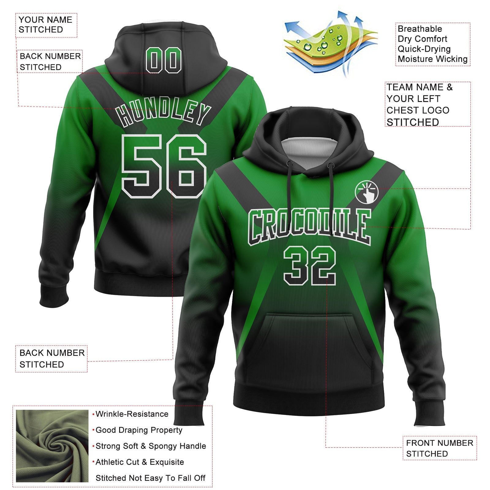 Custom Stitched Grass Green Black-White Fade Fashion Arrow Sports Pullover Sweatshirt Hoodie view 2