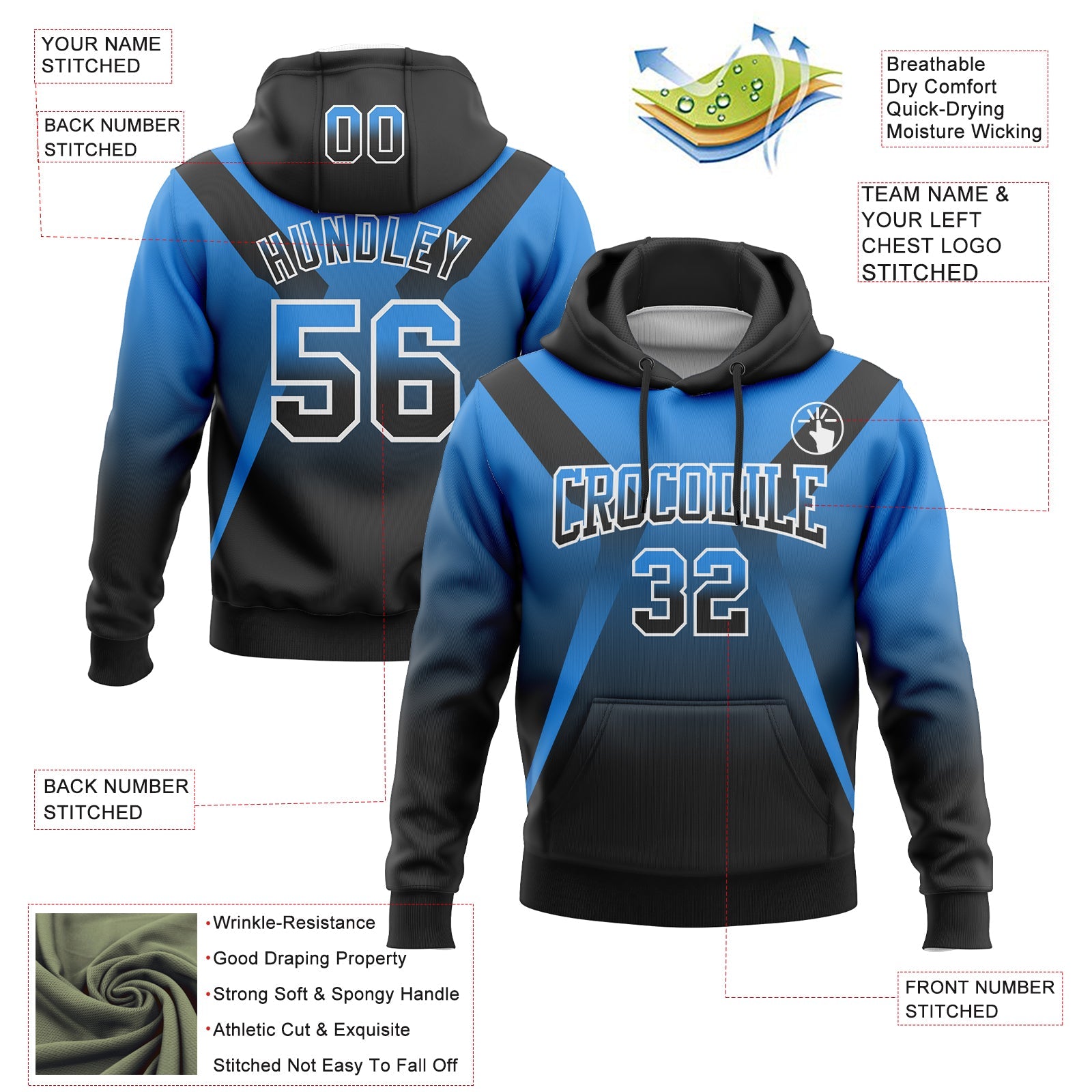 Custom Stitched Powder Blue Black-White Fade Fashion Arrow Sports Pullover Sweatshirt Hoodie view 2