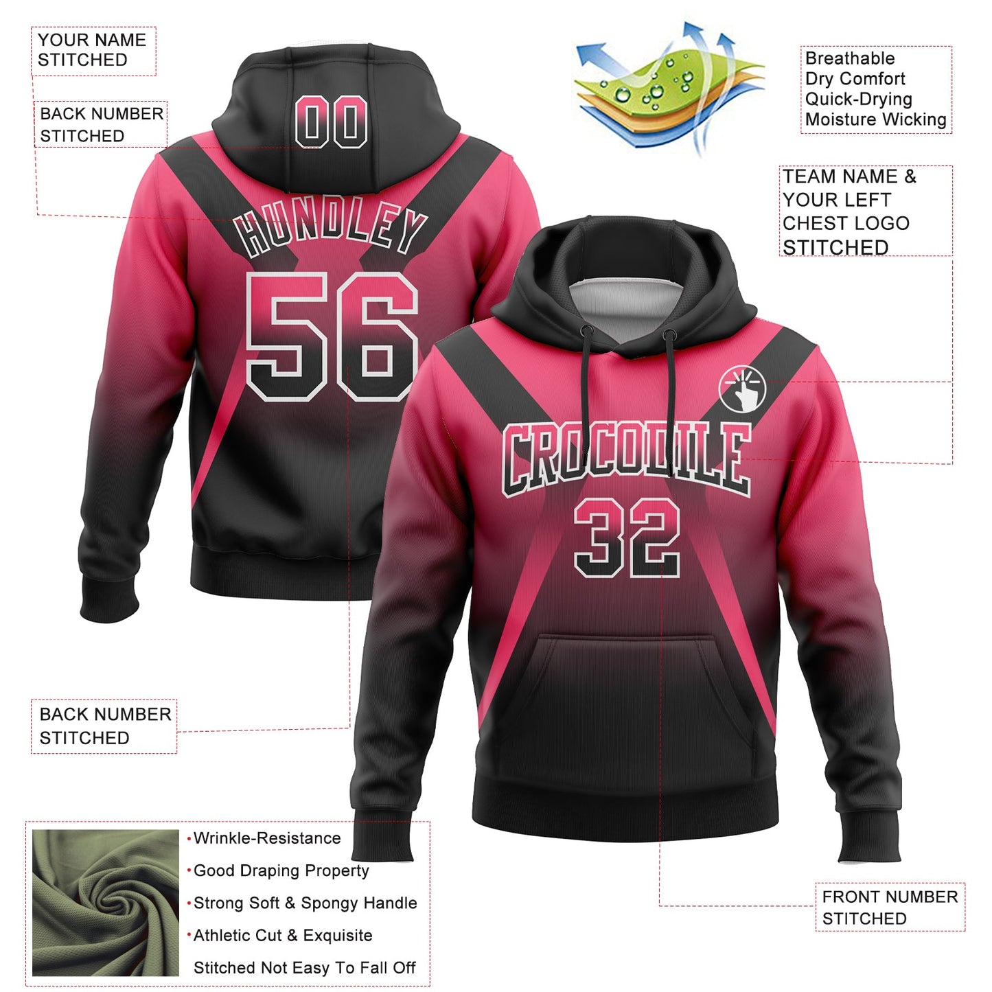 Custom Stitched Neon Pink Black-White Fade Fashion Arrow Sports Pullover Sweatshirt Hoodie view 2