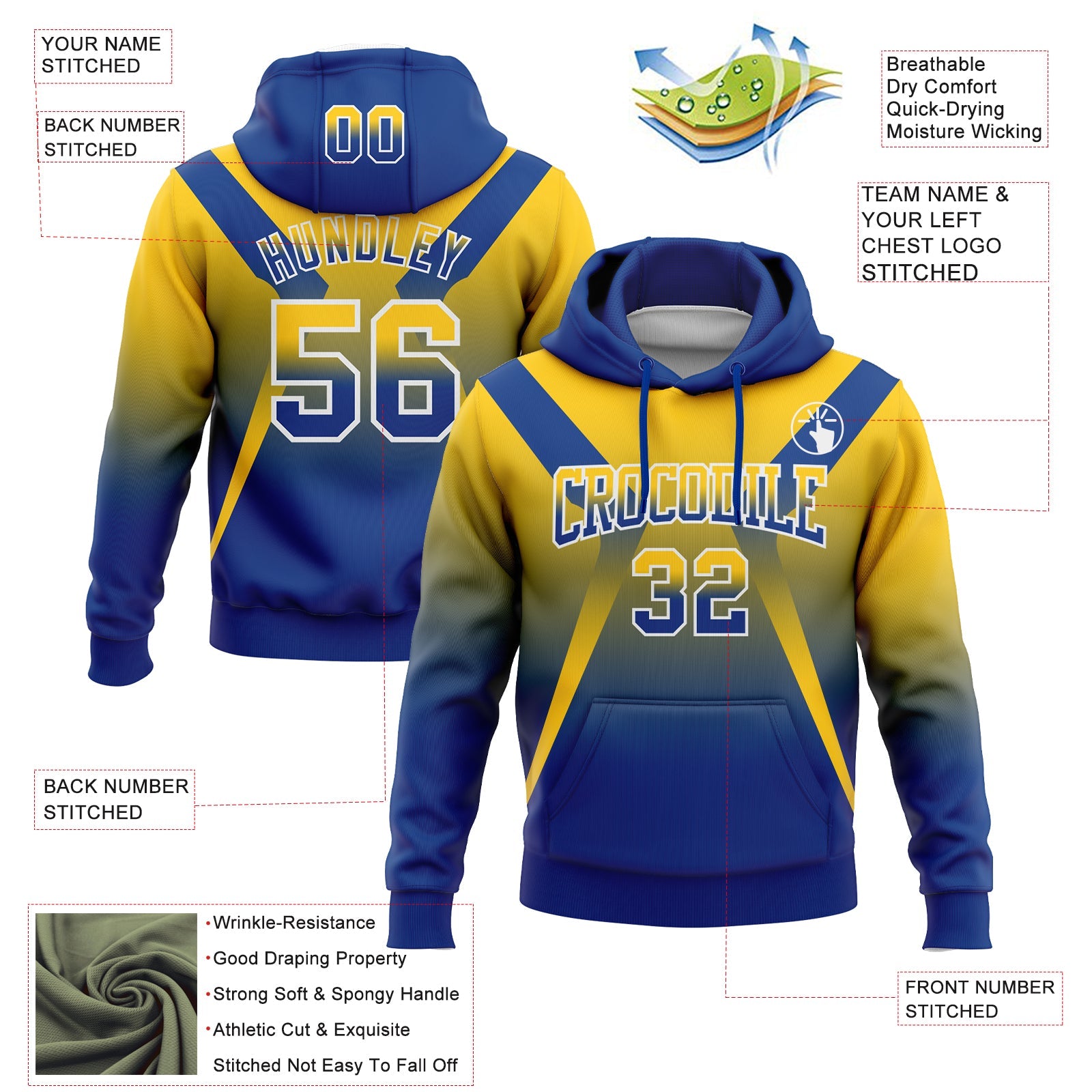 Custom Stitched Yellow Royal-White Fade Fashion Arrow Sports Pullover Sweatshirt Hoodie view 2