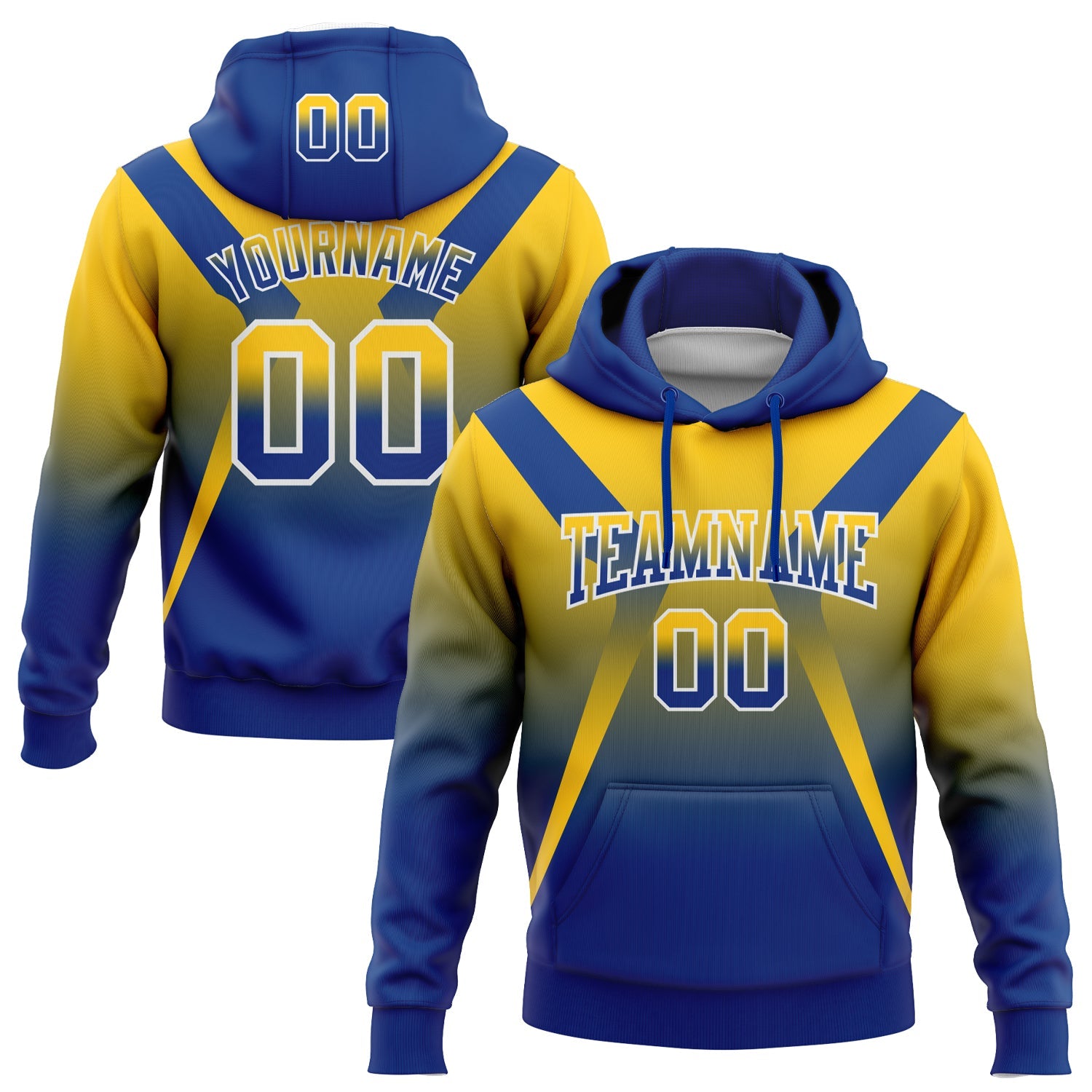 Custom Stitched Yellow Royal-White Fade Fashion Arrow Sports Pullover Sweatshirt Hoodie - Main View