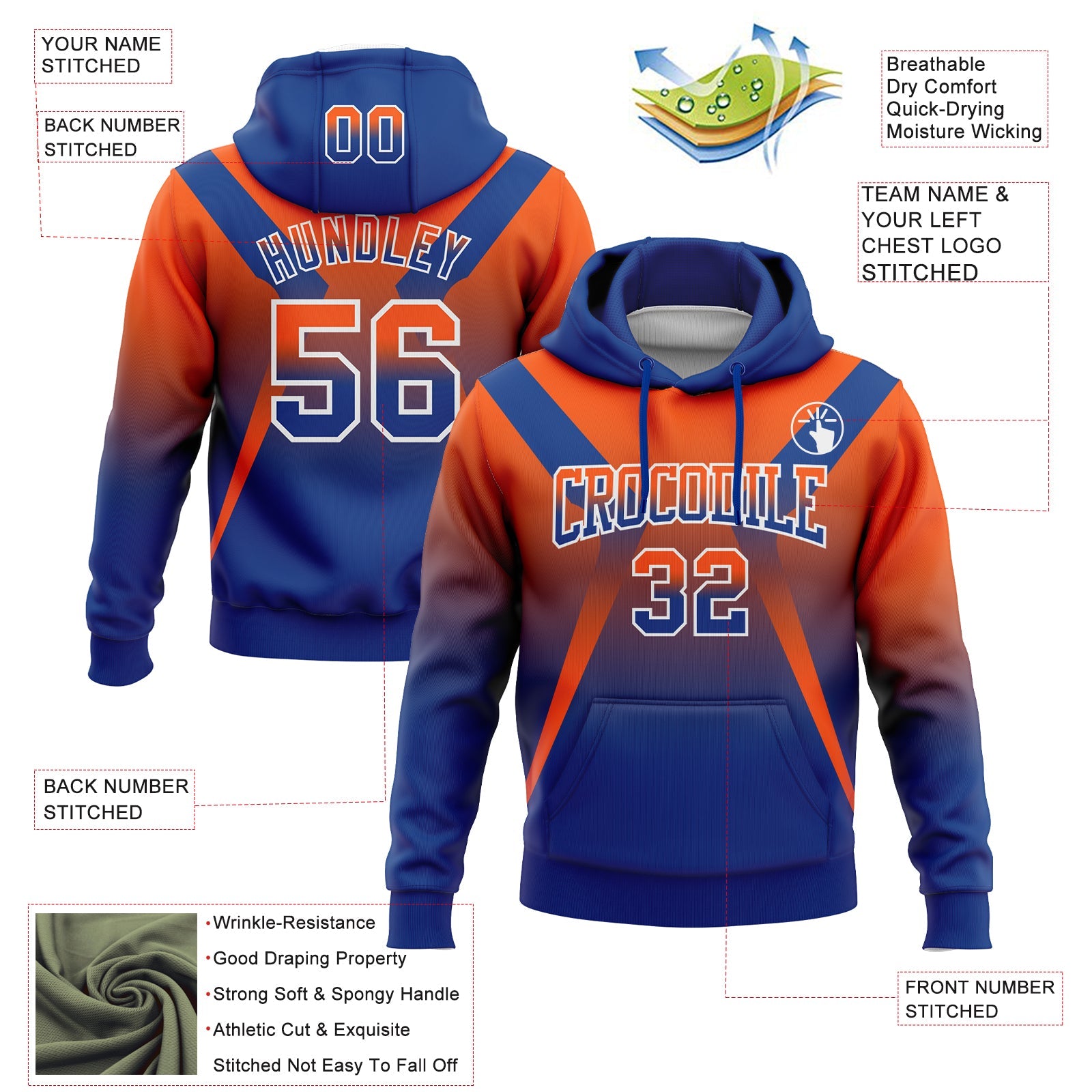 Custom Stitched Orange Royal-White Fade Fashion Arrow Sports Pullover Sweatshirt Hoodie view 2