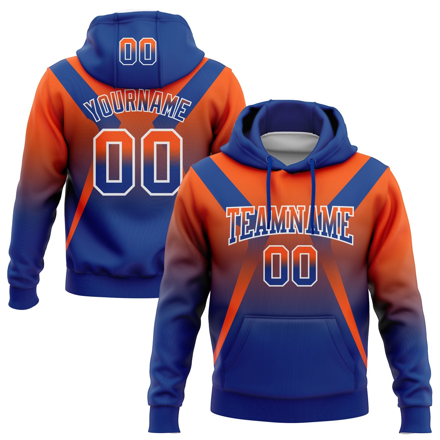 Custom Stitched Orange Royal-White Fade Fashion Arrow Sports Pullover Sweatshirt Hoodie - Main View