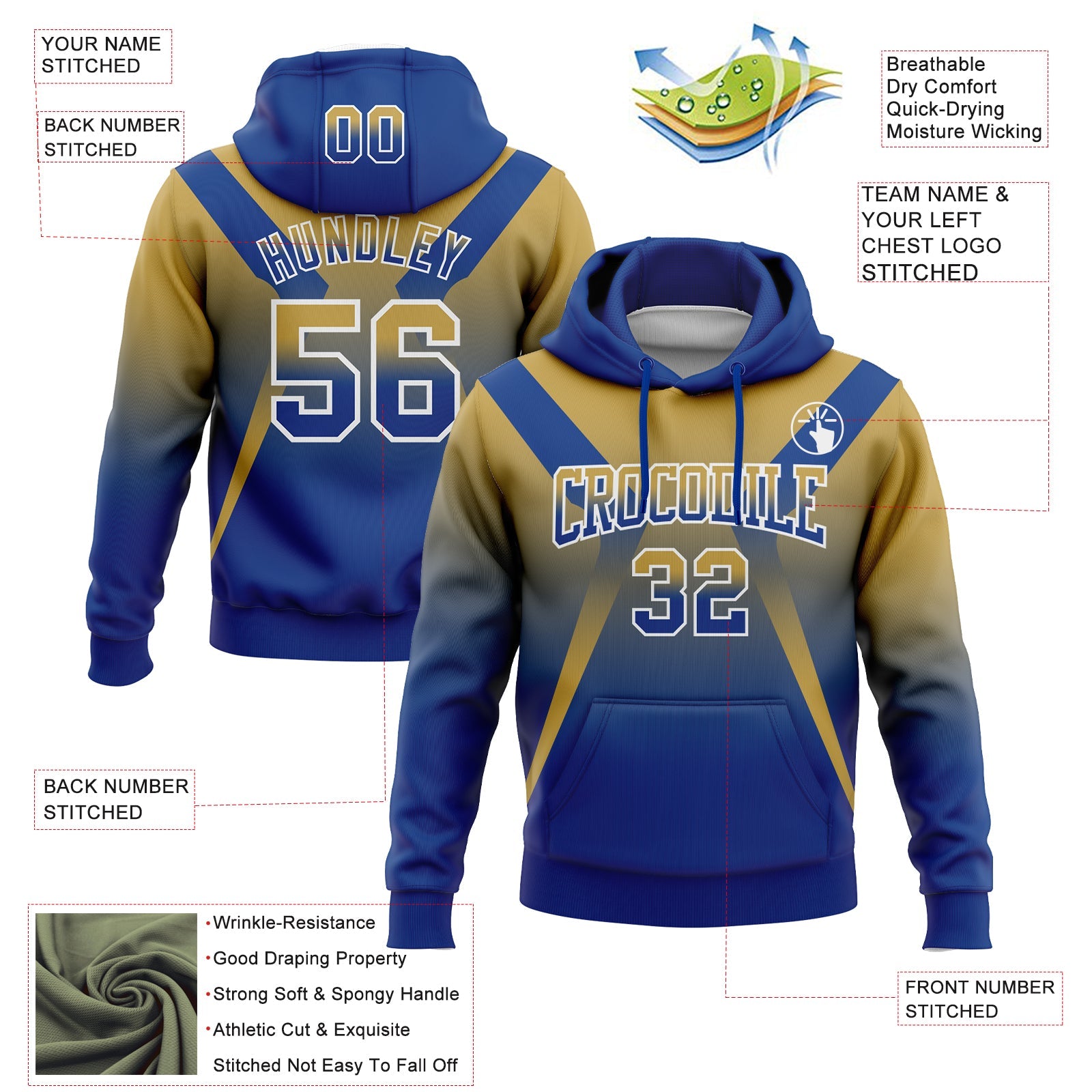 Custom Stitched Old Gold Royal-White Fade Fashion Arrow Sports Pullover Sweatshirt Hoodie view 2