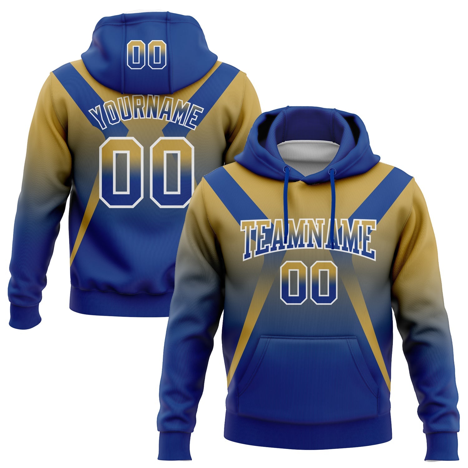 Custom Stitched Old Gold Royal-White Fade Fashion Arrow Sports Pullover Sweatshirt Hoodie - Main View