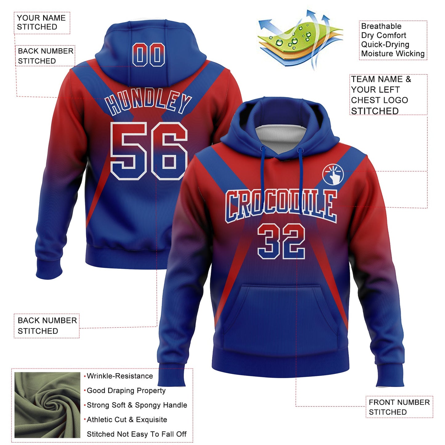 Custom Stitched Red Royal-White Fade Fashion Arrow Sports Pullover Sweatshirt Hoodie view 2