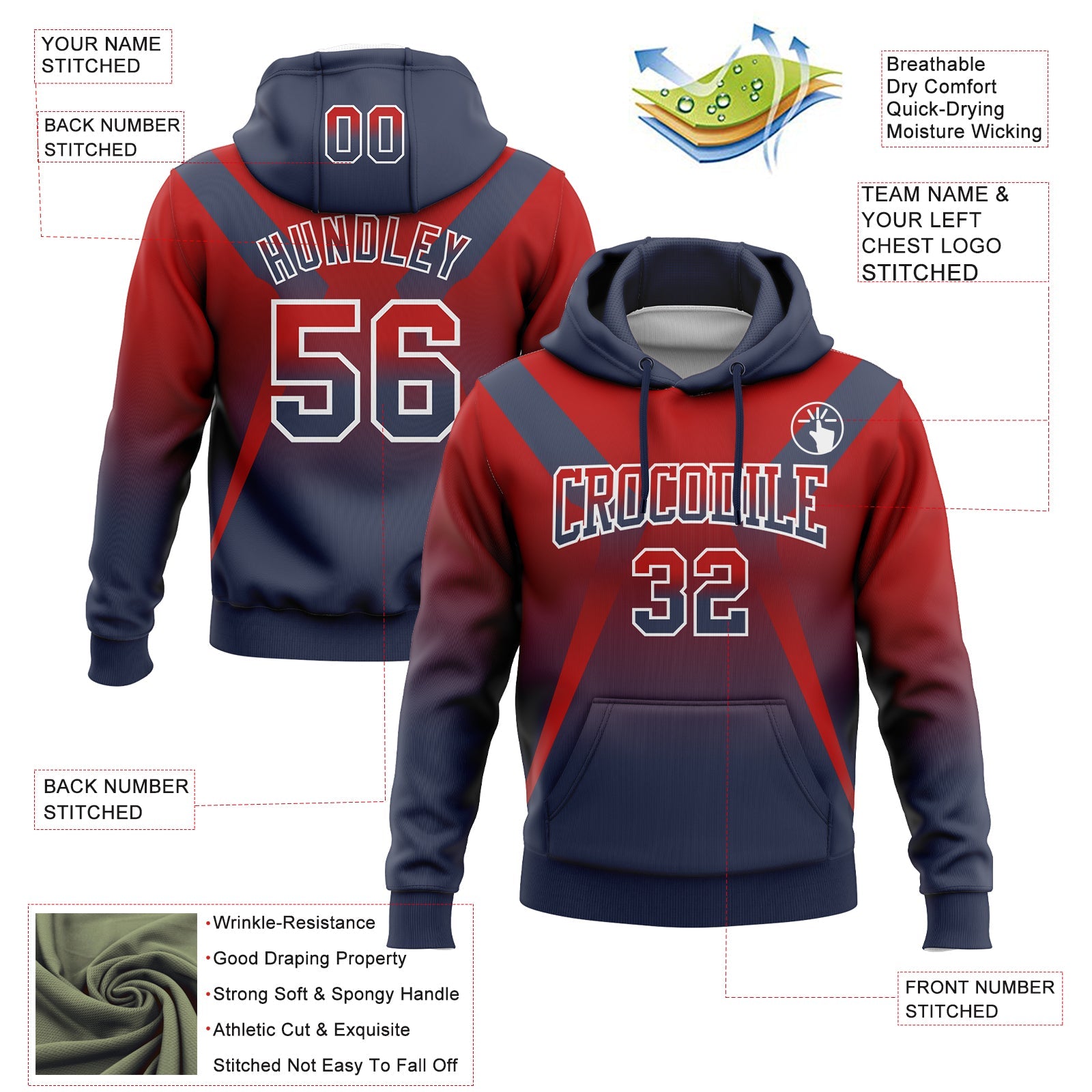 Custom Stitched Red Navy-White Fade Fashion Arrow Sports Pullover Sweatshirt Hoodie view 2