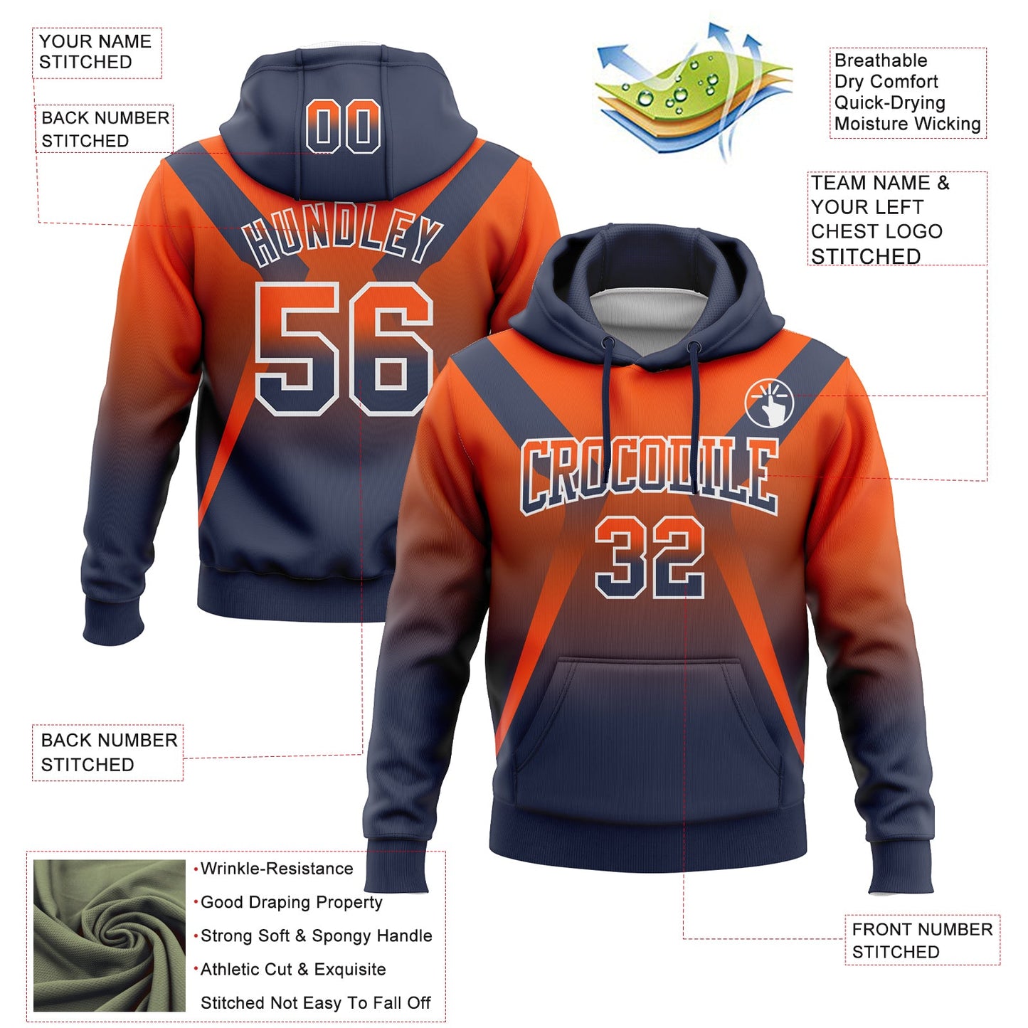 Custom Stitched Orange Navy-White Fade Fashion Arrow Sports Pullover Sweatshirt Hoodie view 2